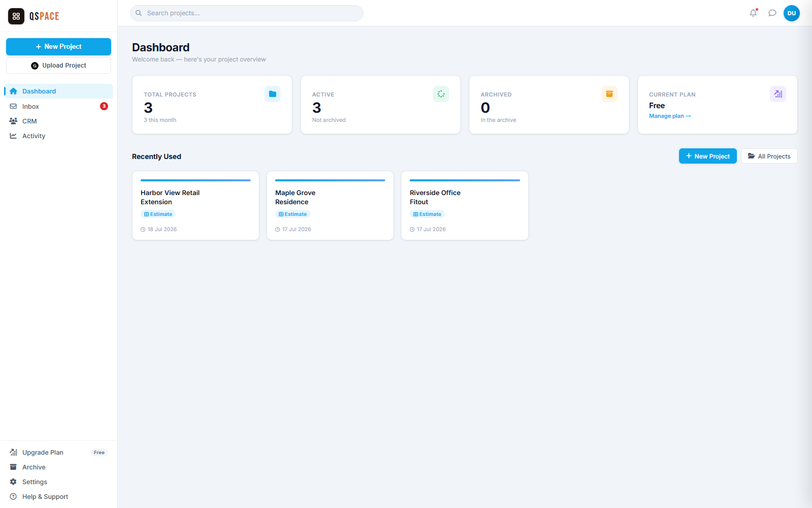 QSpace dashboard showing project overview