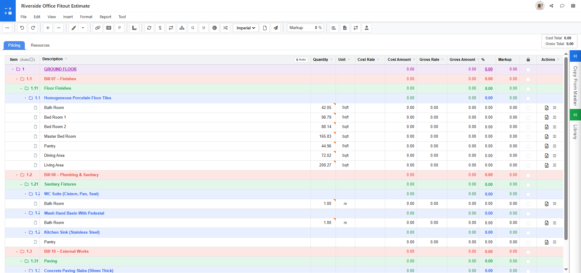 QSpace estimate grid with pricing columns