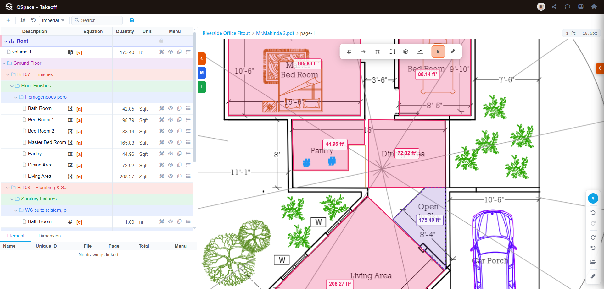 QSpace takeoff tool with document panel open